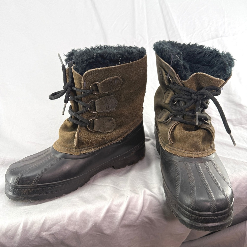 Sorel Kaufman Canada Duck Boots Olive Green Suede Faux Fur Lining Youth Size 5